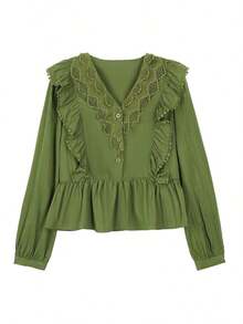 ii Blusa de manga larga con volantes, parches de encaje y unicolor casual blanca para primavera - Verde militar - Ver 4
