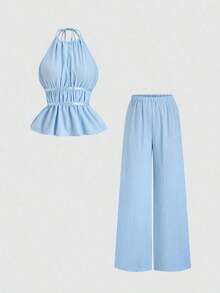 Conjunto de 2 piezas estilo francés relajado con camiseta sin mangas de cintura ceñida y pantalón ancho de pierna holgada, un conjunto de moda para mujeres - Azul 2 - Ver 1