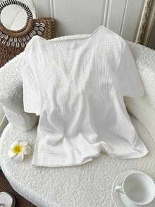 Blusa casual de manga corta con nudo delantero de unicolor para mujer de talla grande - Blanco - Ver 2