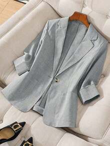 Blazer de lino de 3/4 de manga con cintura ajustable, diseño de botones, adecuado para ir al trabajo, eventos formales, fiestas elegantes, ropa de oficina - Primavera, Verano, Otoño - Gris - Ver 1