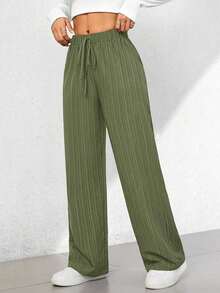 Pantalones capri de pierna ancha con textura de estilo casual de verano - Verde militar - Ver 3