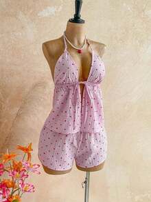 Conjunto de 2 piezas de vacaciones para mujer, top de tirantes con escote en V con textura rojo y shorts sueltos extremadamente cortos, adecuado para citas, fiestas y paseos por la ciudad - Rosa - Ver 5