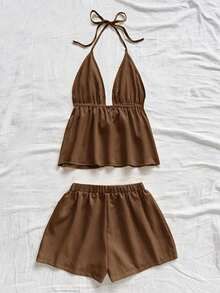 Conjunto de 2 piezas de vacaciones para mujer, top de tirantes con escote en V con textura rojo y shorts sueltos extremadamente cortos, adecuado para citas, fiestas y paseos por la ciudad - Café integral - Ver 2