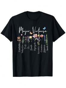 "Virtuous Woman God Says You Are" T-Shirt With Religious Phrases In Spanish, Fun Unisex Short-Sleeved Cotton T-Shirt With Party Theme, Perfect Gift For Friends And Family, Autumn, Halloween, Thanksgiving - 黑色 - 查看 7