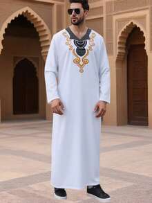 1pc White V-Neck Printed Men's Traditional Arabic Robe, Arabian Traditional, Saudi Men's Robe, Saudi Men's Pajamas, Moroccan Men's Robe - White - View 5