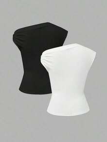 Camiseta ajustada con hombro asimétrico, cintura fruncida y decoración metálica, elegante y modesta para uso diario, color blanco, primavera/verano - Multicolor - Ver 5