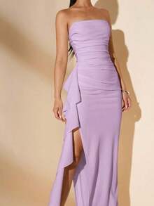 Vestido de dama de honor de boda de verano, vestido largo blanco con pliegues, abertura alta, volantes y tiras para fiesta, sin mangas y sin tirantes, sexy - Púrpura malva - Ver 7