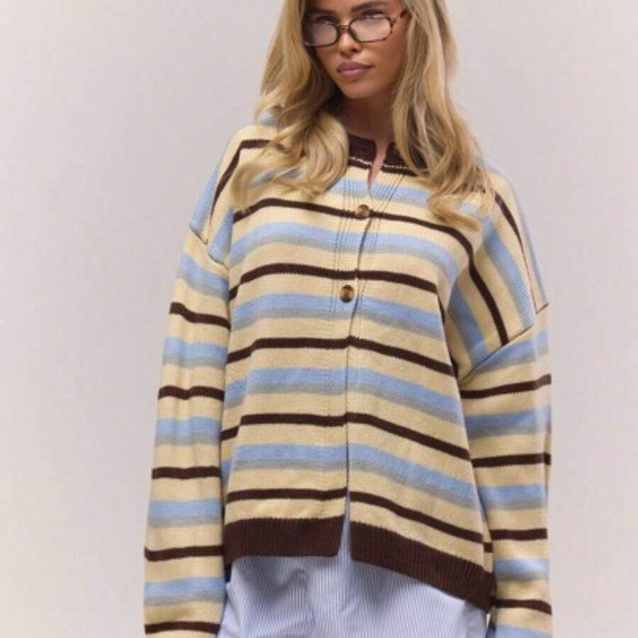 Oversized Button Through Drop Shoulder Knitted Stripe Jumper , , Old Money, Cute, Country, Cottage Core, Casual Lounge Cardigan For Women Butterscotch Work Office Winter Chic Spring Sweater Vacation - Multicolor - Ver 1