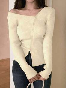 Blusa casual de mujer de punto acanalado con botones y manga corta - Albaricoque - Ver 3