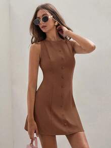 Vestido mini de unicolor para mujer, de moda para el verano - Marrón - Ver 6