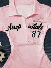 Camiseta casual de mujer con estampado de letras, verano - Rosa - Ver 5