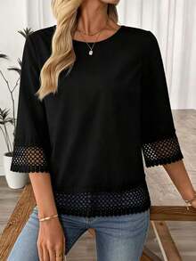 Blusa blanca elegante de talla grande para mujer con adorno de encaje a crochet, de longitud regular para primavera - Negro - Ver 4