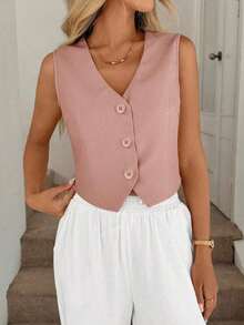 Chaleco negro, chaqueta fina, blusa de oficina para mujer - Rosa - Ver 5