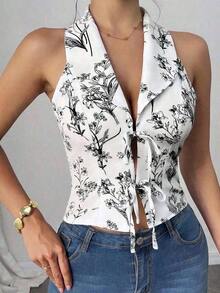camisa sin mangas para ir al trabajo y de vacaciones con cuello vuelto, lazo y estampado floral 3D, color azul - Negro - Ver 3