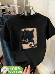 Women's T-Shirt With A Fun Cat Print, Cute And Unique Design, Humorous And Eye-Catching, Street Style, 100% Cotton, Short Sleeve Crew Neck, Plus Size Casual Wear, Retro T-Shirt, Spring/Summer Black - 2 - 查看 8