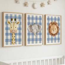 1件帆布壁畫，兒童房裝飾畫，水彩動物主題兒童房壁畫，藍色格子背景搭配可愛大象、長頸鹿和獅子圖案，兒童房裝飾，可直接掛牆的裝裱藝術品，適合男孩臥室、兒童房、遊戲室藝廊牆、閱讀區 - 彩色 - 查看 3