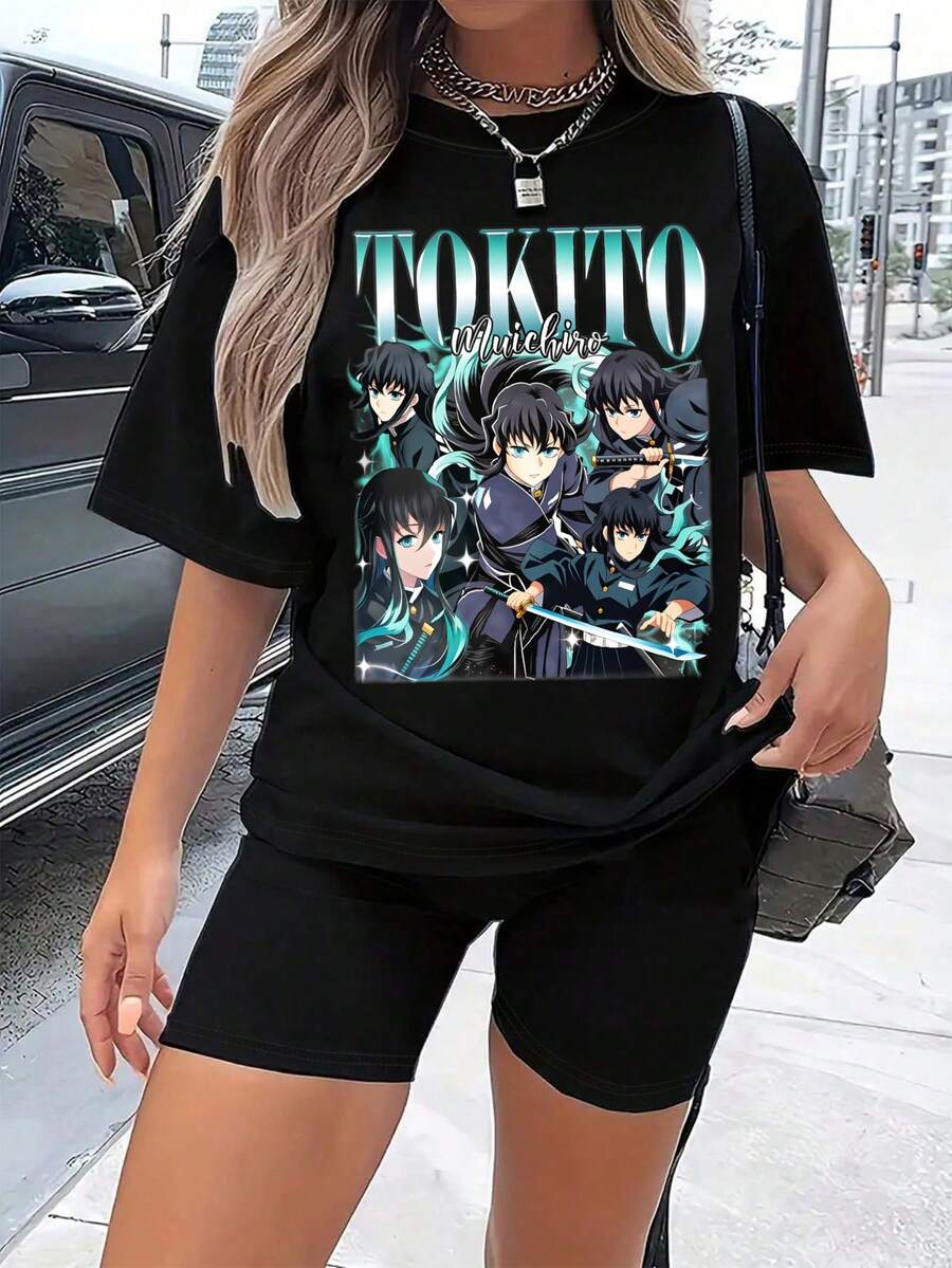 1 Piece 180g Camisera de Algodón para Mujer, Oversize Manga Corta Cuello Redondo con Estampado para el Diario y la Calle,designed by Y2K artists in the Bababask style - Negro - Ver 1