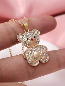 1pc Gold/Silver Rhinestone Bear Pendant Necklace, Sweet & Cute Clavicle Chain, Versatile Accessory For Campus, Date, Daily Wear, Great Gift For Girlfriend - Multicolor - View 3