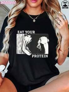 Witllent Women's Short Sleeve T-Shirt, 100% Cotton, "Eat Your Protein" Print, Anime Design For Gym, Bodybuilding, Fitness, 220g Heavy Cotton T-Shirt For Women, Ideal For Christmas (1 Piece), 100% Cotton. - 黑色 - 查看 6