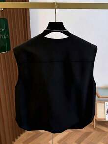 Chaleco corto sin mangas para mujer, con dobladillo de burbuja de unicolor fresco de otoño, cuello redondo con cremallera, de moda y versátil, ajustado negro de verano - Negro - Ver 7