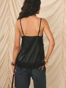-E Elegante conjunto de vacaciones para mujer con top de tirantes finos, ajuste ceñido, de satén beige con ribete de encaje - Negro - Ver 2