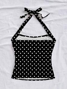 Parte superior corta ajustada con cuello de halter casual para vacaciones de mujer, verano de mujer, sin espalda, ropa de vacaciones de mujer, lunares, primavera de mujer, verano, parte superior para salir de mujer, vacaciones de mujer - Negro - Ver 2