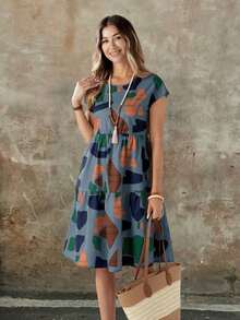 Vestido de mujer de manga corta con cuello redondo y estampado geométrico de verano - Multicolor - Ver 4