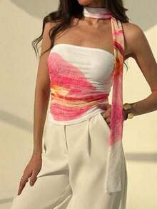 Blusa elegante y romántica de mujer con estampado floral teñido anudado y volantes sin tirantes - Multicolor 4 - Ver 6