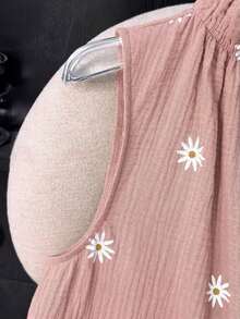 Blusa sin mangas con estampado floral diminuto y cuello con volantes, casual de verano para mujer - Rosa - Ver 4