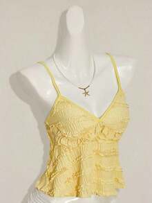 Blusa de tirantes de mujer con volantes de tela texturizada de unicolor para el verano y vacaciones - Amarillo claro - Ver 6
