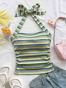 Parte superior corta ajustada con cuello de halter casual para vacaciones de mujer, verano de mujer, sin espalda, ropa de vacaciones de mujer, lunares, primavera de mujer, verano, parte superior para salir de mujer, vacaciones de mujer - Amarillo - Ver 3
