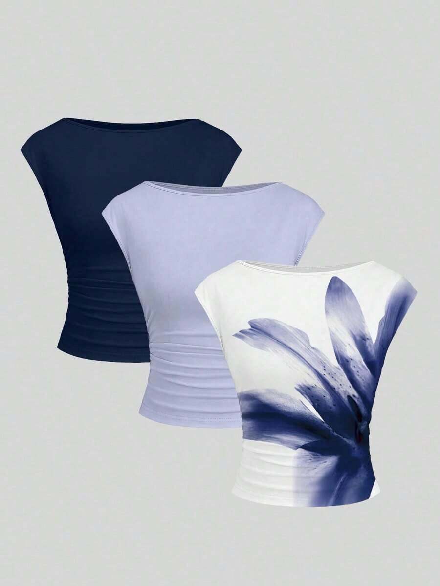 Set de 3 blusas/camisetas ajustadas para mujer con espalda descubierta, transpirables y de secado rápido - Multicolor - Ver 1