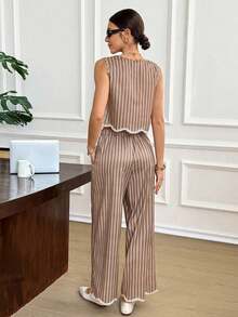 Frenchy Conjunto de 2 piezas de top sin mangas de cuello redondo a cuadros y pantalones para mujer - Marrón 2 - Ver 2