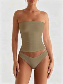 Camiseta sin tirantes sexy básica, top tubo ajustado de unicolor y elástico a la moda, adecuado para mujeres en todas las estaciones, casual negro de verano - color tierra - Ver 4