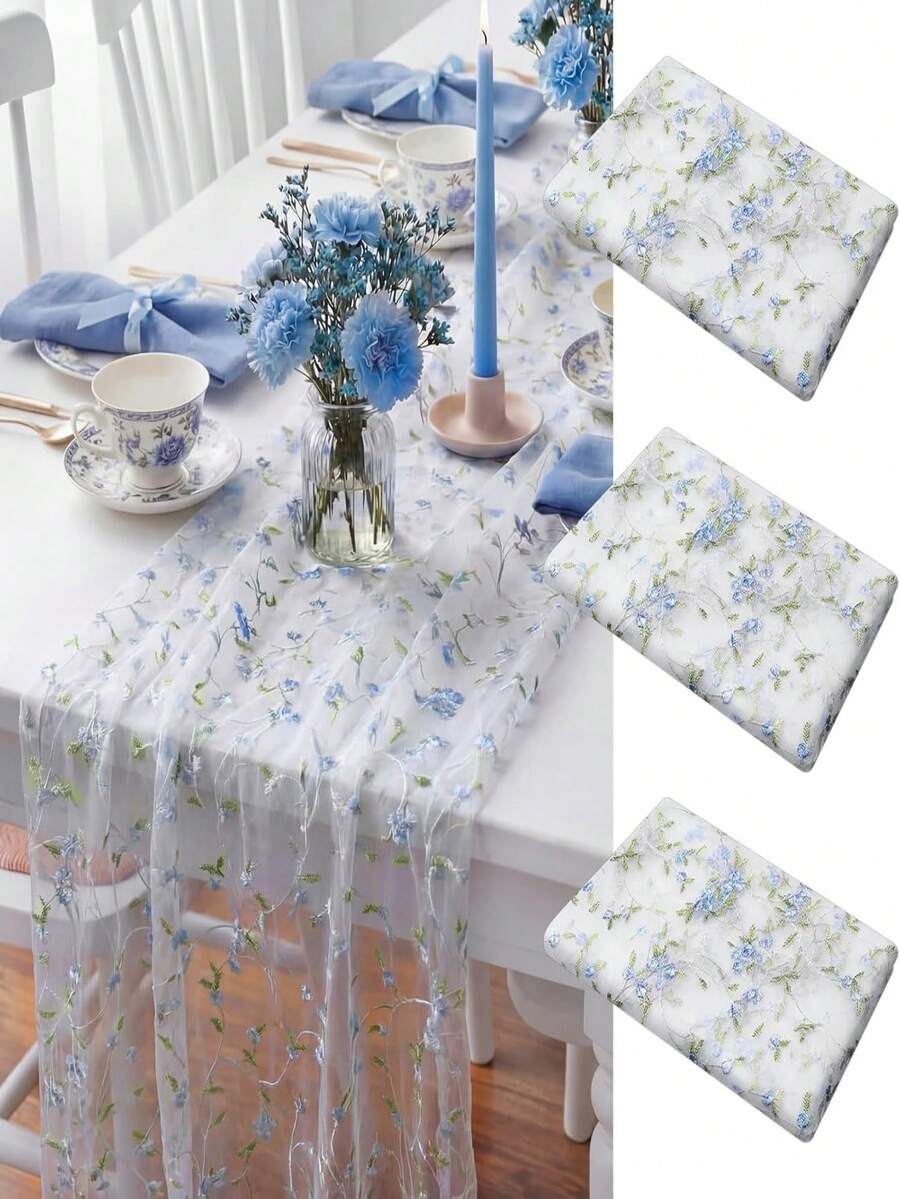 3 piezas Camino de mesa floral, Bufanda de mesa bordada de 10 pies, Tela de malla para todas las estaciones, Decoración de encaje de primavera/verano adecuada para boda, baby shower, fiesta, cocina y comedor, Suministros de manualidades hechos a mano - Multicolor - Ver 1