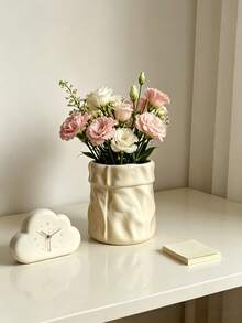 1pc Crumpled Paper Bag Shaped Vase , Cream Aesthetic Flower Pot For Home Desktop Decor, Ins Style Textured Planter For Living Room/Bedroom, Pink & Cream White - Multicolor - View 3