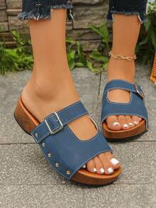 2026 Summer New Vintage Distressed Faux Wood Grain Brown Thick Sole Casual Sandals, Rivet Decor Outdoor Fashion Platform Wedge Slippers, Matte Comfortable High Heel Slides For Daily, Vacation Wear - Blue Matte Finish - Open Front - View 4
