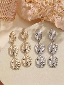 2 piezas Pendientes colgantes ovalados asimétricos de metal minimalistas, adecuados para el uso diario de las mujeres - pendientes largos - Ver 1