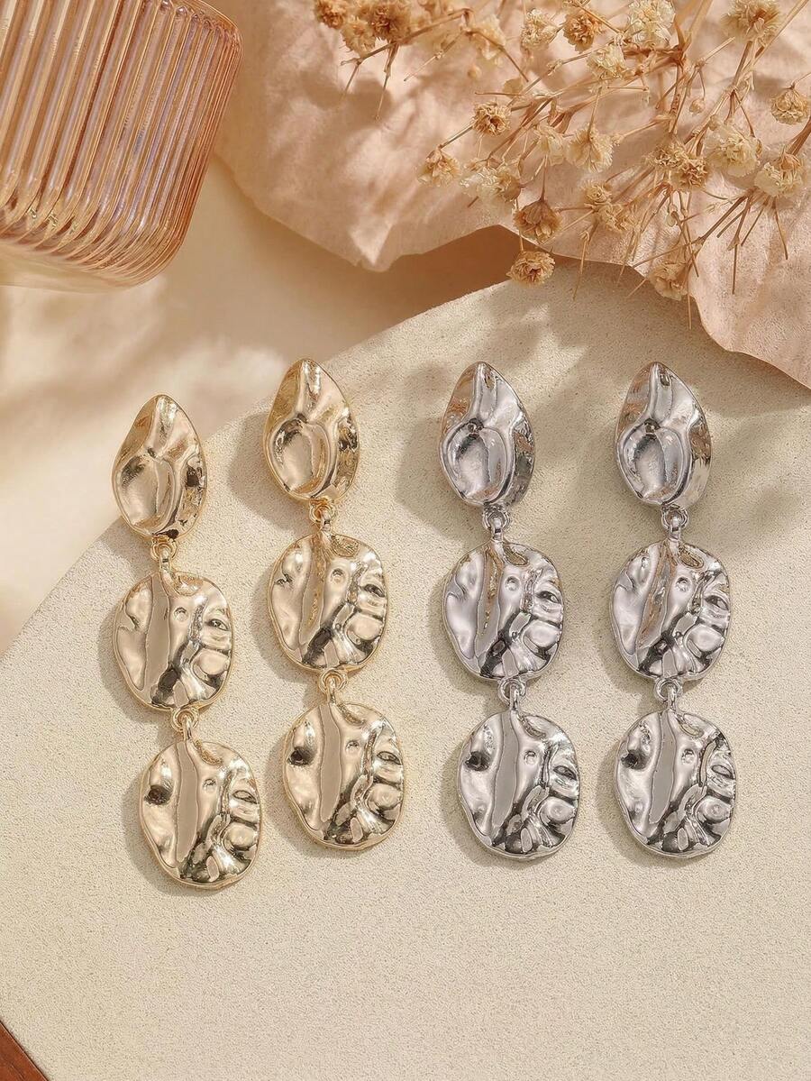 2 piezas Pendientes colgantes ovalados asimétricos de metal minimalistas, adecuados para el uso diario de las mujeres - pendientes largos - Ver 1