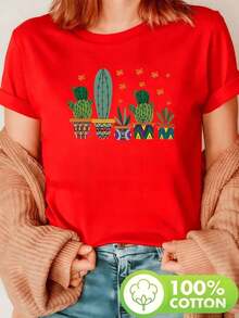 Colorido estampado de cactus en macetas que simboliza la vida en el desierto y la fuerza natural camiseta para mujer 100% algodón suave y cómoda para uso diario-Vintage Street Style Unisexoose Cotton Short Sleeve Crew Neck T-Shirt - Rojo - Ver 1