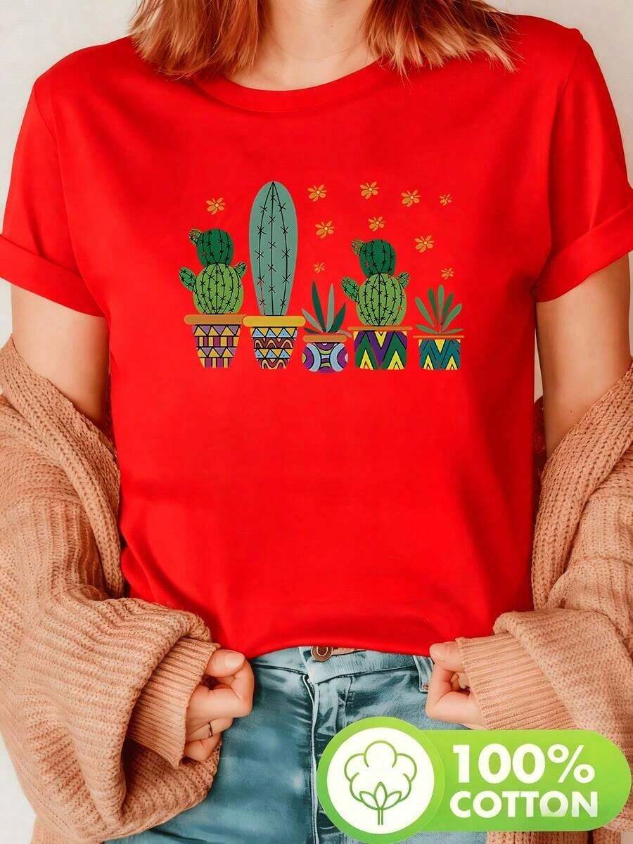 Colorido estampado de cactus en macetas que simboliza la vida en el desierto y la fuerza natural camiseta para mujer 100% algodón suave y cómoda para uso diario-Vintage Street Style Unisexoose Cotton Short Sleeve Crew Neck T-Shirt - Rojo - Ver 1