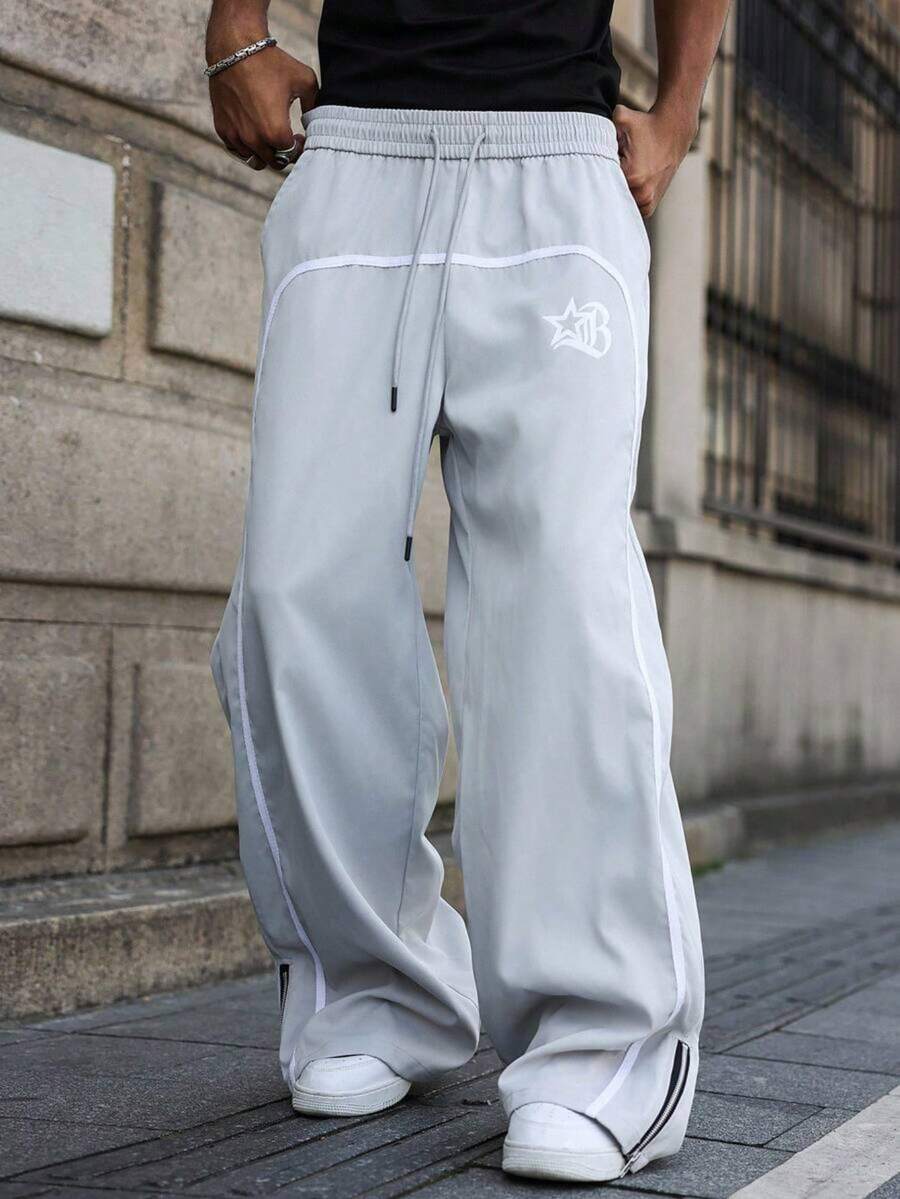 Pantalones largos para hombres, pantalones deportivos para hombres, pantalones deportivos casuales, con estampado de letras, bolsillos y cinturones de cuerda, muy adecuados para el uso diario. - Gris Claro - Ver 1