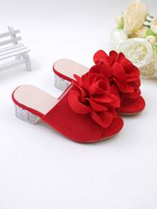 1 Pair Children's Fashionable Red Slide Sandals, Girls' High Heel Thick Heel Slide Sandals, Red Upper With Red Large Flower Decor, Fresh And Versatile Princess Style, Suitable For Summer Outings, Banquets, Parties, Weddings, Vacations - Red - View 7