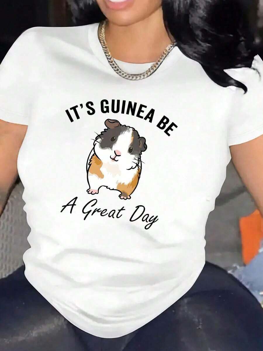 Women's Cotton T-Shirts 1pc Fashionable Short-Sleeved Sporty Round Neck T-Shirt With Cartoon Hamster Graphic For Women 100% Cotton Women's Clothing Daily Home Top - 白色 - 查看 1