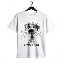 Tops para mujer casual y linda de algodón de longitud regular con un encantador estampado de perro, cuello redondo y manga corta. - Blanco - Ver 1