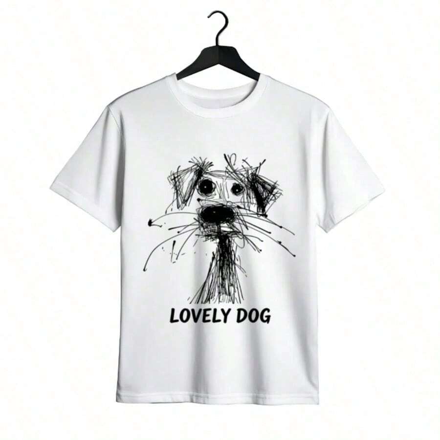 Tops para mujer casual y linda de algodón de longitud regular con un encantador estampado de perro, cuello redondo y manga corta. - Blanco - Ver 1