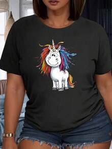 Camiseta de dibujos animados de unicornio colorido para mujer, camiseta casual blanca con diseño de crin y cola de arcoíris para un look divertido y caprichoso, ropa de fiesta, 220g, 100% algodón.ropa de calor mujer - Negro - Ver 1