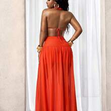BamGlam Women's V-Neck Metal Decor Backless Flared Vacation Dress  Summer  , Summer Dress , Summer Dresses For Women , Summer Dresses  , Summer Outfits  , Summer Clothes  , Summer Outfits For Women , Summer Holiday Outfit , Summer Outfit For Women ,  Orange Beach Dress Orange Dresses For Woman - Azul Agua - Ver 3