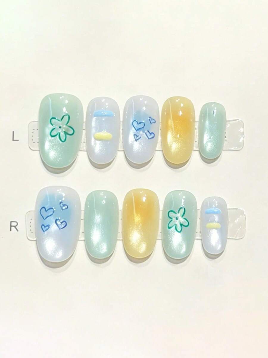 10pcs Pure Handmade Press On Nails Medium Nails Oval Nails With Ice-Blue, Cream-Yellow, Cream-White Cat Eyes As The Base, Hand-Painted Small Flowers, Hearts And Three-Dimensional Horizontal Stripes, As Well As Shading Effects, It Is Fresh And Energetic.Gentle Elegant Cute Nails For Ladies And Girls Spring Summer Fall Winter Festivals Parties And Daily Life Use - Multicolor - View 1