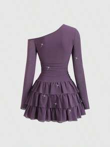 Vestido largo de manga larga con hombro asimétrico, volantes y tela con brillo, elegante y sexy para fiesta, otoño/invierno - Morado - Ver 2